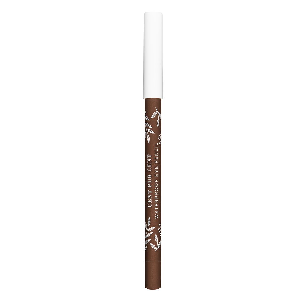 Bruine oogpotlood met witte dop. Opschrift: Cent Pur Cent Waterproof Eye Pencil.