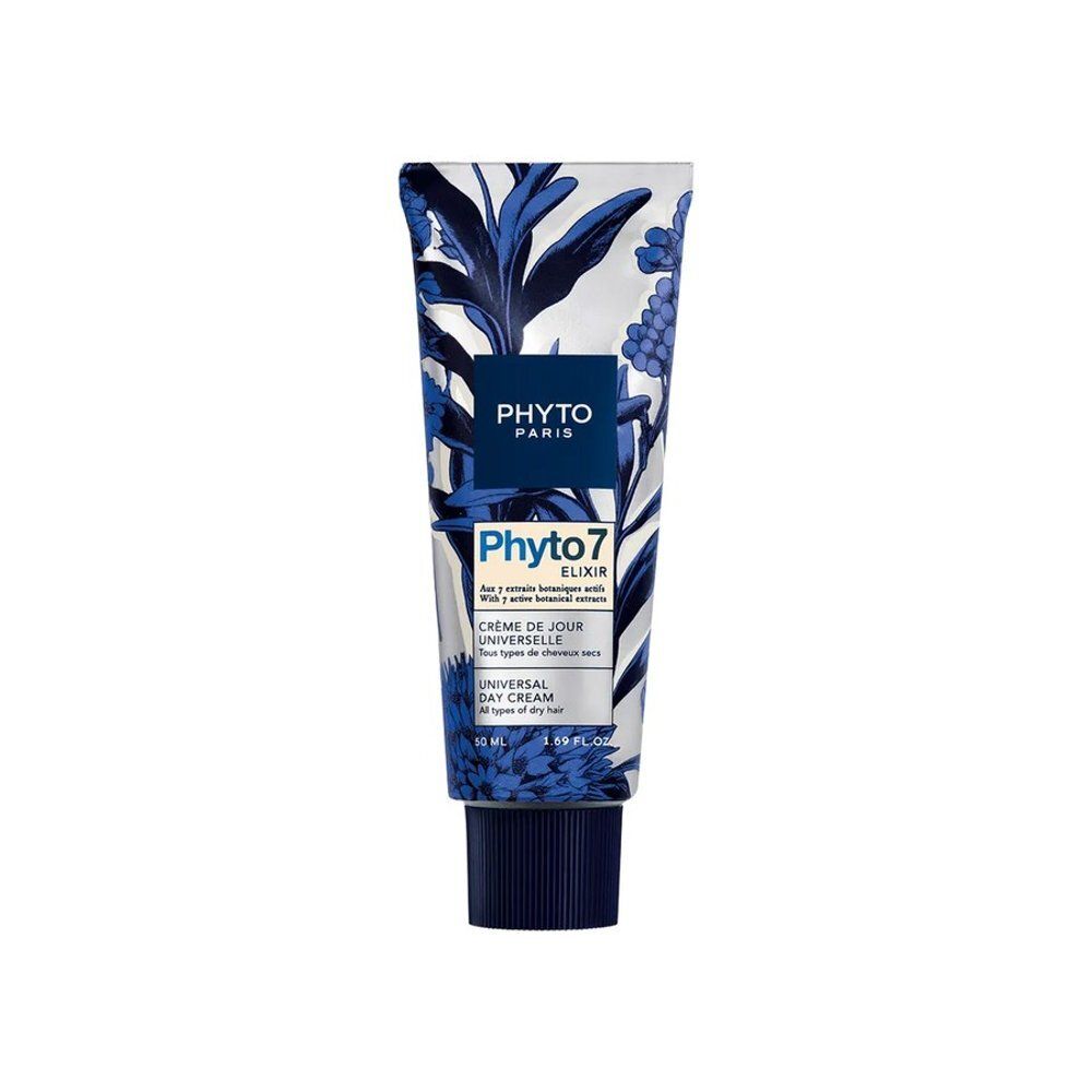Tube Phyto Paris Phyto 7 Elixir Crème de jour universelle. Blauwe en witte bloemmotieven. Productinformatie.