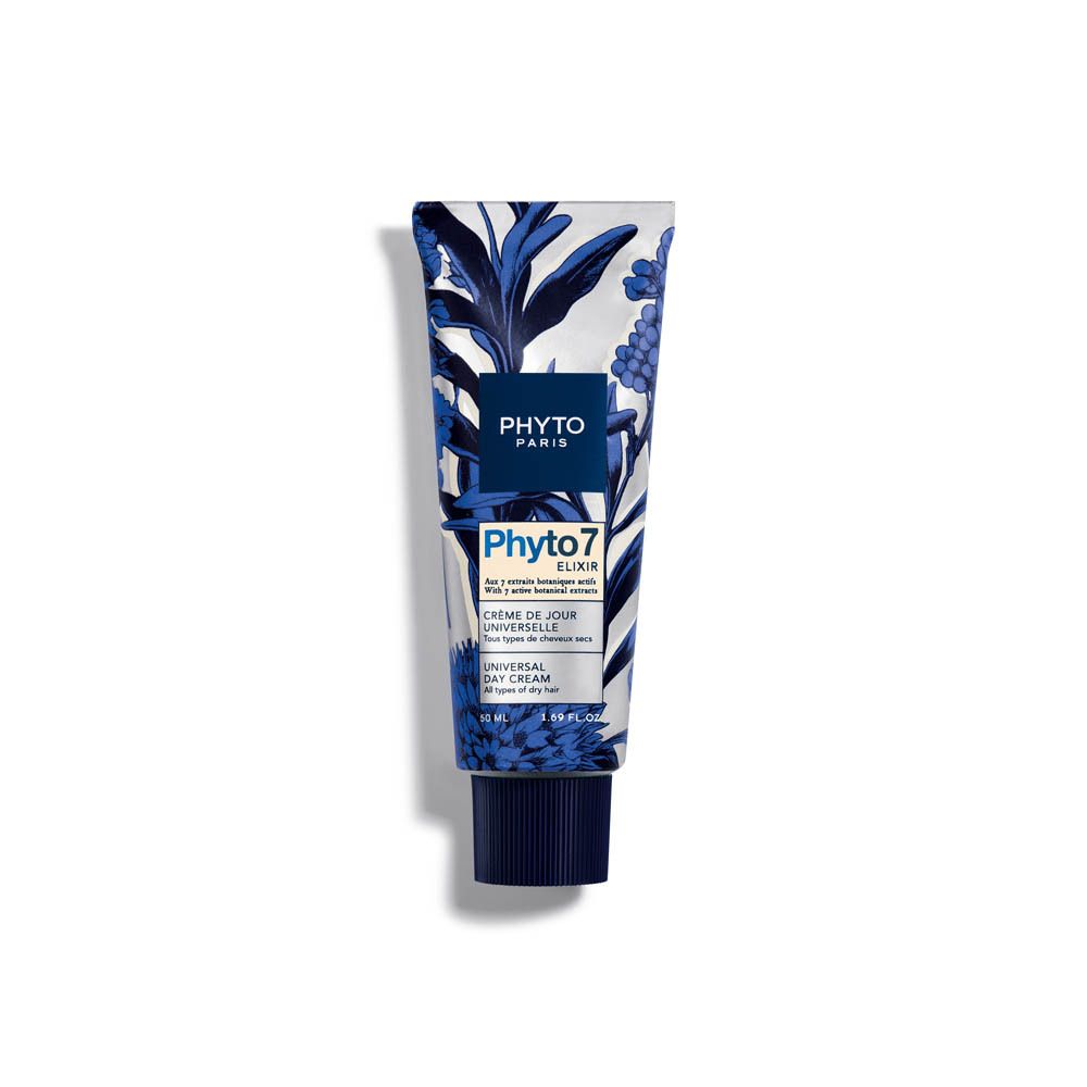 Tube Phyto Paris Phyto 7 Elixir Crème de jour universelle. Blauwe en witte bloemmotieven. Productinformatie.
