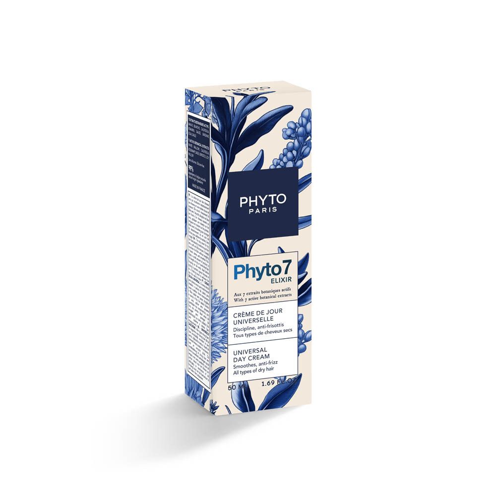 Verpakking Phyto Paris Phyto 7 Elixir Crème de jour universelle. Blauwe en witte bloemmotieven. Productinformatie.