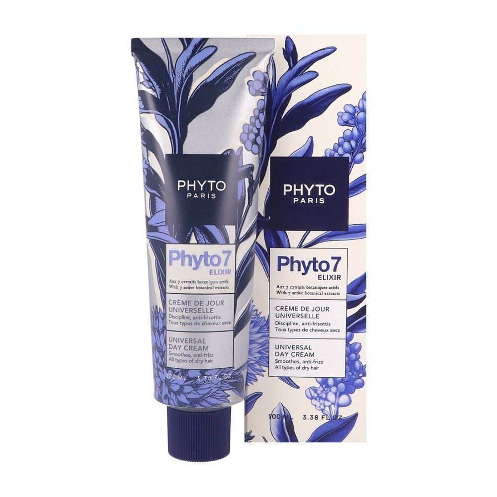 Emballage du produit avec tube et boîte. Inscription : Phyto Paris, Phyto 7 Elixir, Crème de jour universelle, Universal Day Cream.
