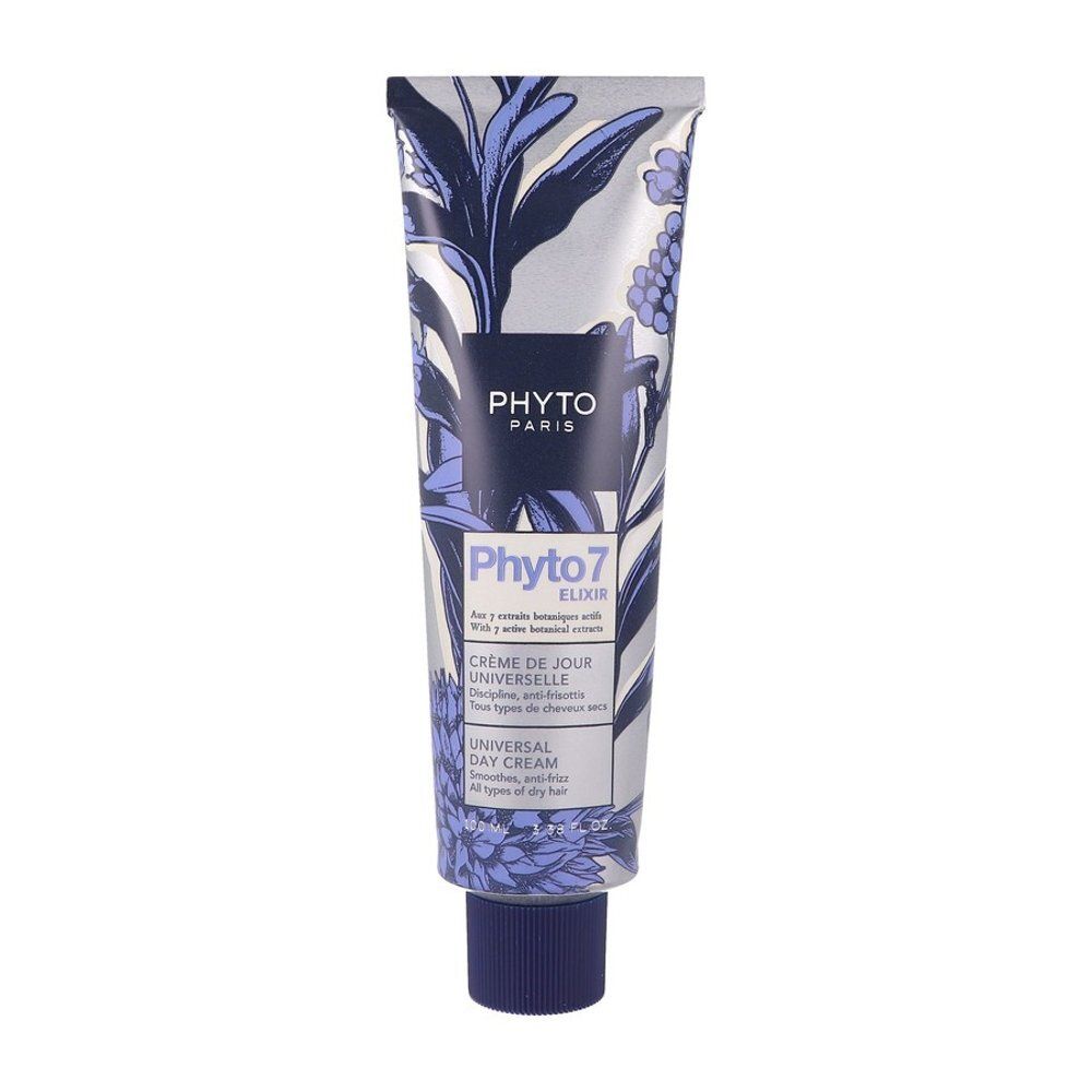 Tube de crème avec motif floral. Inscription : Phyto Paris, Phyto 7 Elixir, Crème de jour universelle, Universal Day Cream.