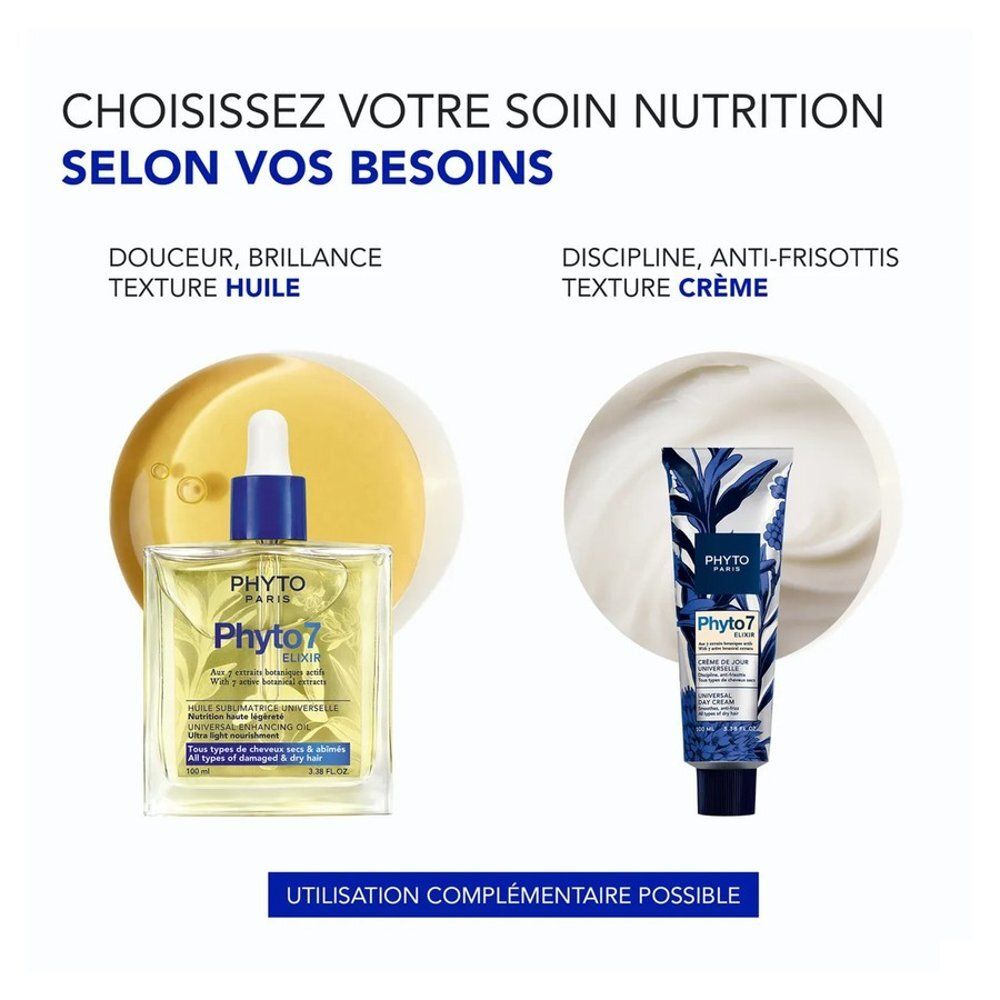 Productverpakking met tube en doos. Opschrift: Phyto Paris, Phyto 7 Elixir, Crème de jour universelle, Universal Day Cream.