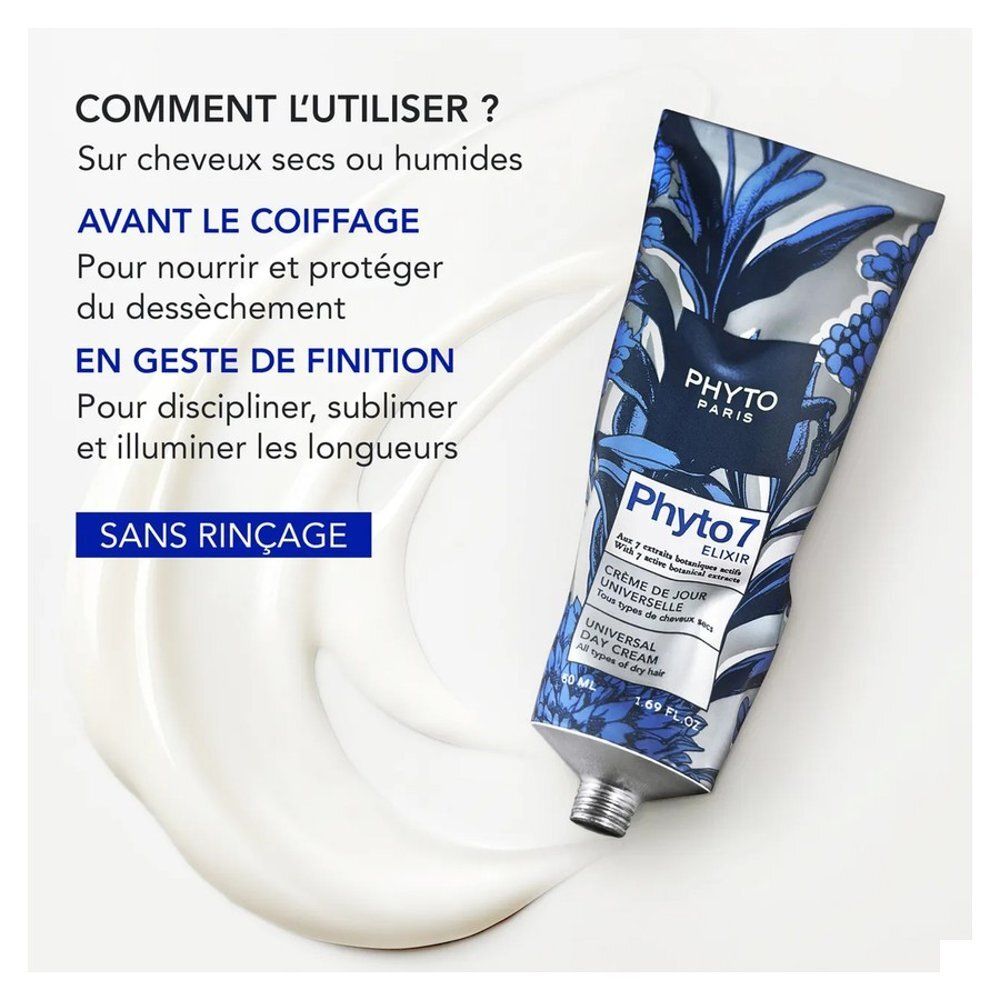 Crèmetube met bloemenpatroon. Opschrift: Phyto Paris, Phyto 7 Elixir, Crème de jour universelle, Universal Day Cream.