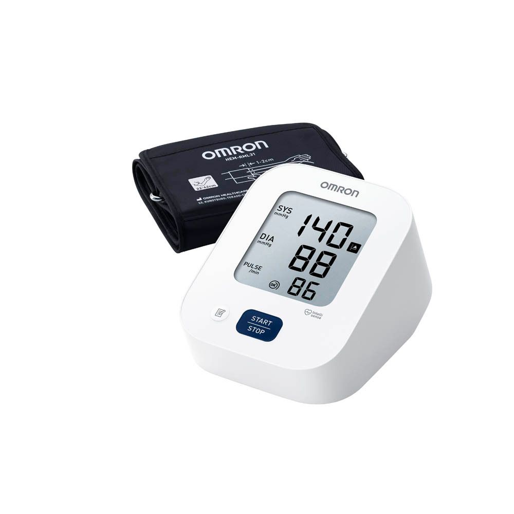 Omron M2+ bloeddrukmeter en manchet. Apparaat met display. Zwarte manchet.