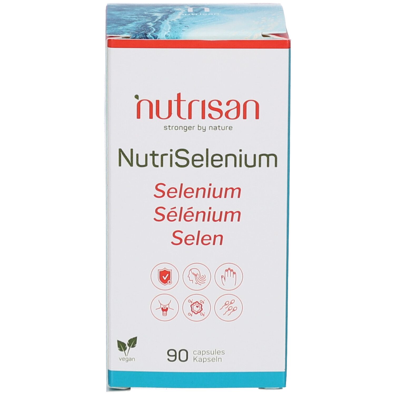 Boîte Nutrisan NutriSelenium. Nom du produit, 90 gélules. Label vegan. Illustrations.