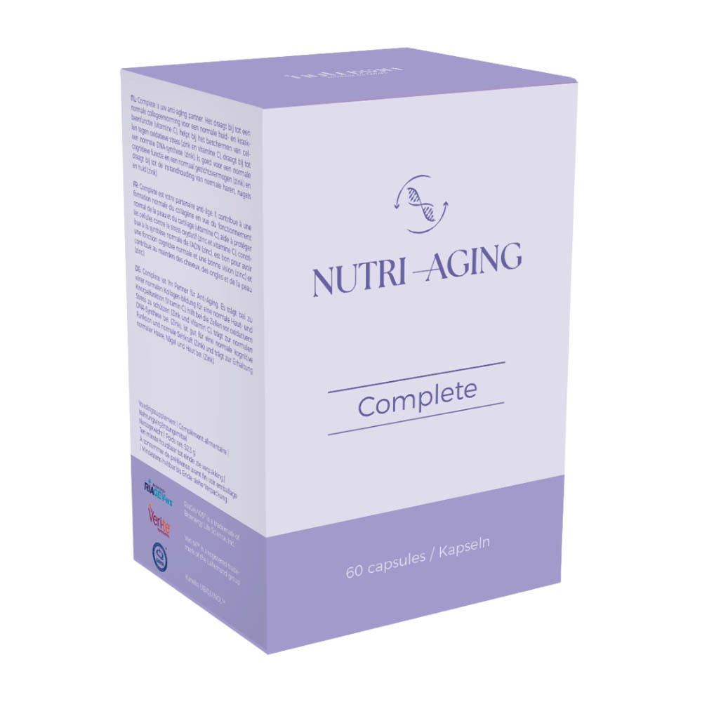 Doos "NUTRI-AGING Complete". 60 capsules. Paars en wit. Tekst in het Duits, Nederlands, Frans en Italiaans.
