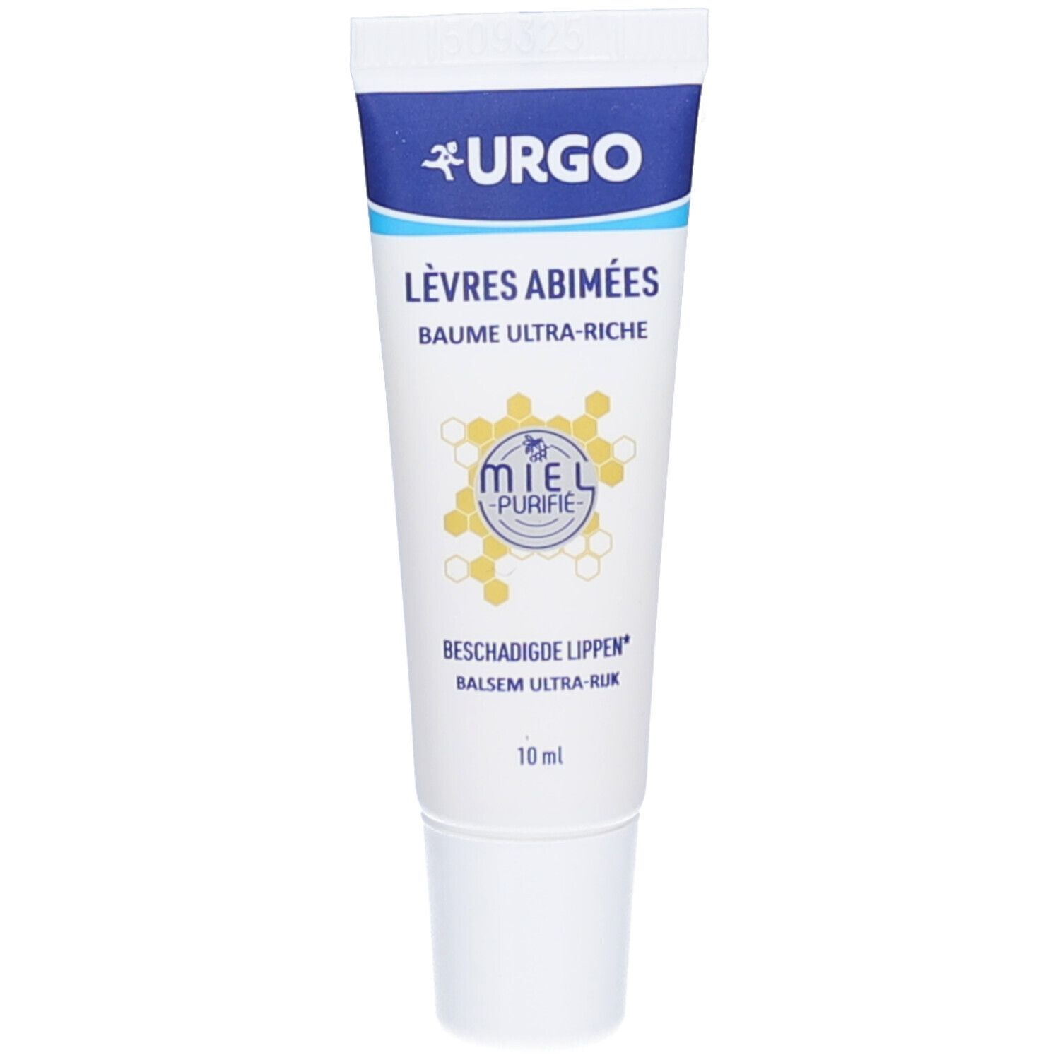 Witte en blauwe tube met tekst. URGO-logo bovenaan. Tekst: Lèvres Abîmées, Baume Ultra-Riche, Miel Purifié. 10 ml.