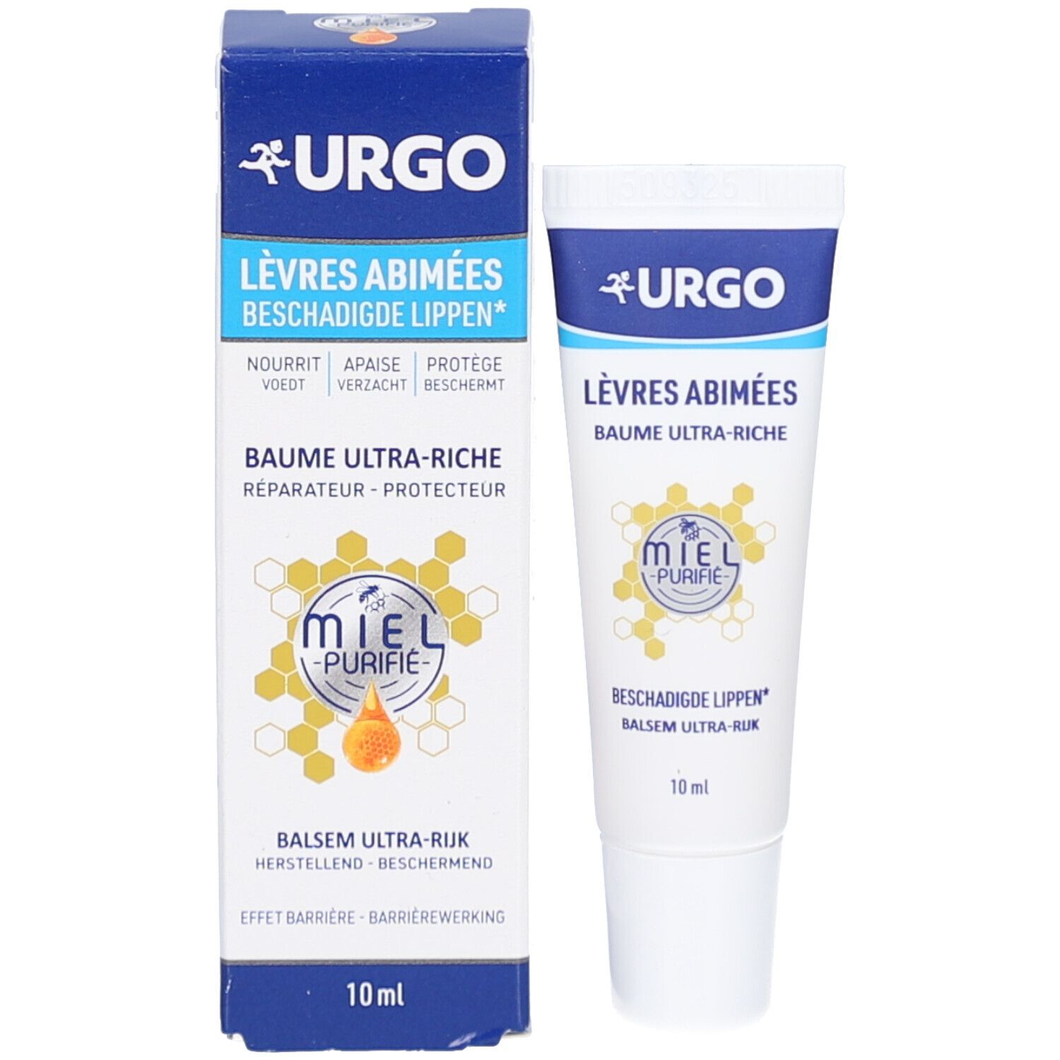 Verpakking en tube. Verpakking: blauw, wit. Tekst: URGO, Lèvres Abîmées, Baume Ultra-Riche, Miel Purifié. 10 ml.