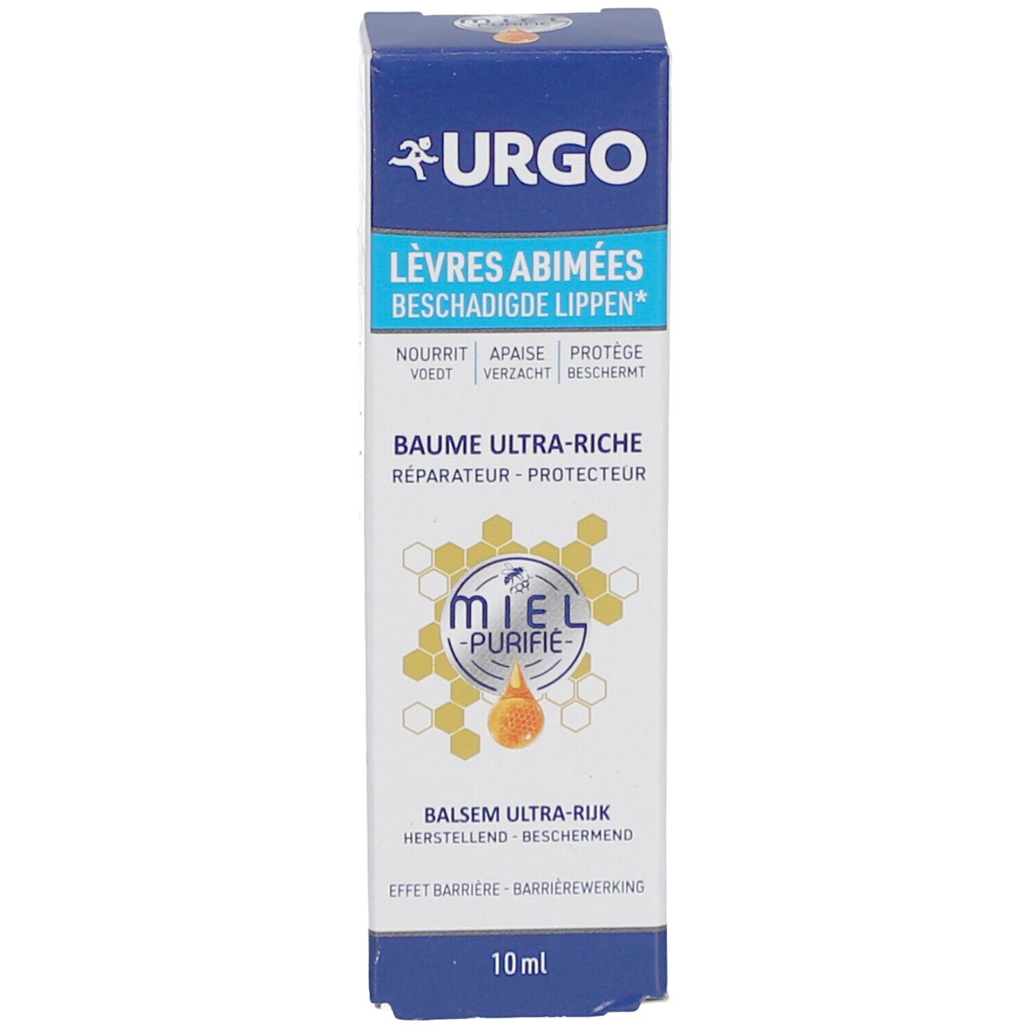 Blauwe verpakking. Tekst: URGO, Lèvres Abîmées, Baume Ultra-Riche, Miel Purifié. 10 ml. Opschrift: Beschadigde lippen.