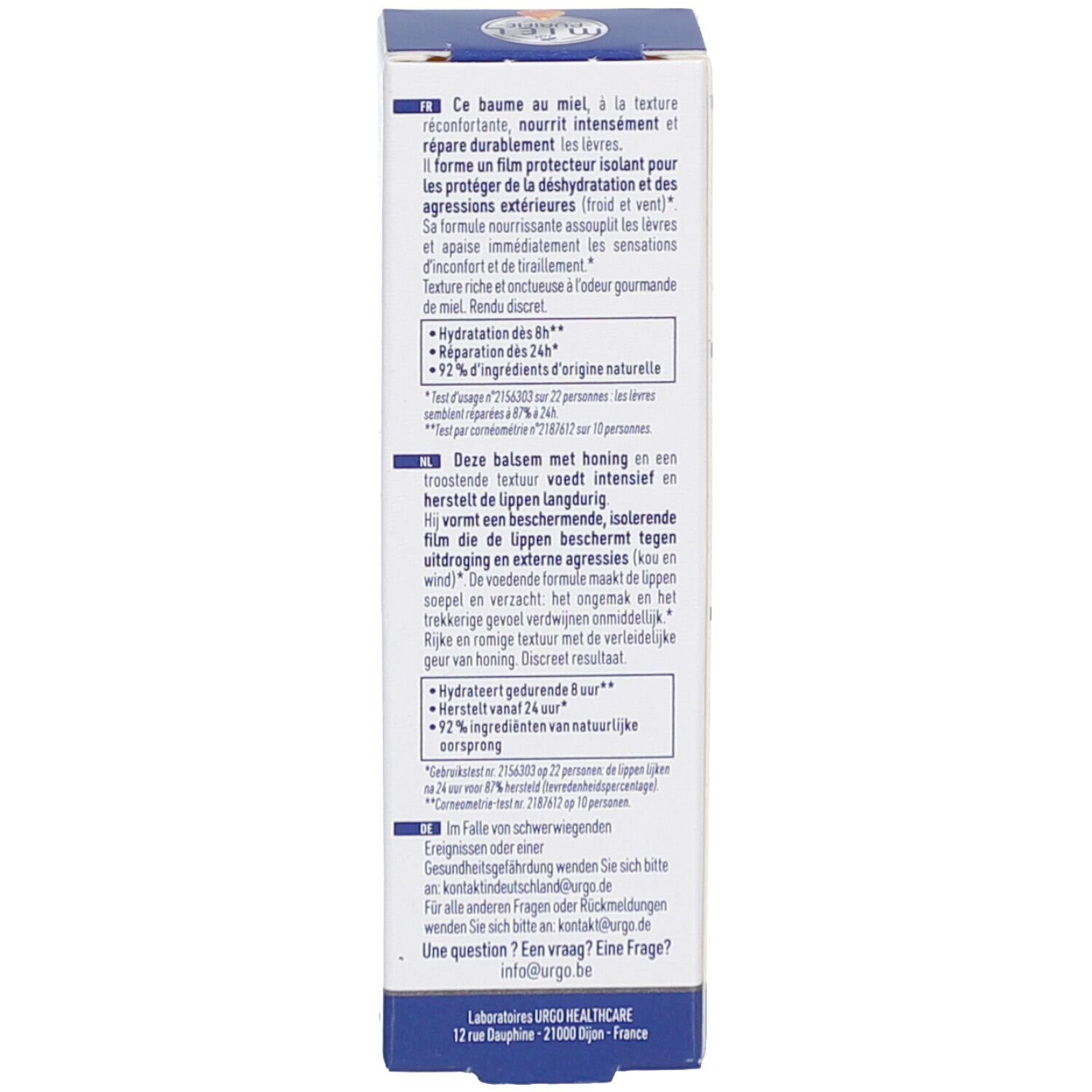 Achterkant van de verpakking. Meertalige tekst: Productbeschrijving, Ingrediënten. Fabrikantinformatie.