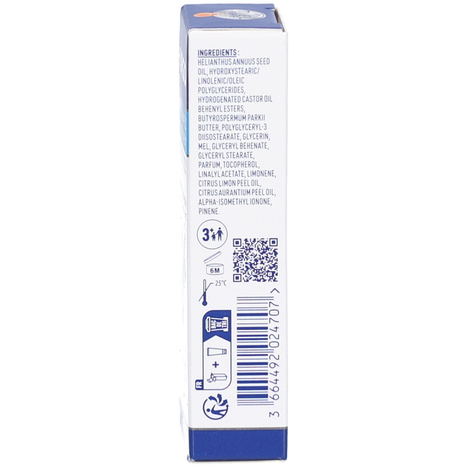 Zijkant van de verpakking. Ingrediënten, symbolen: 3+, 6M, QR-code. Fabrikantinformatie.