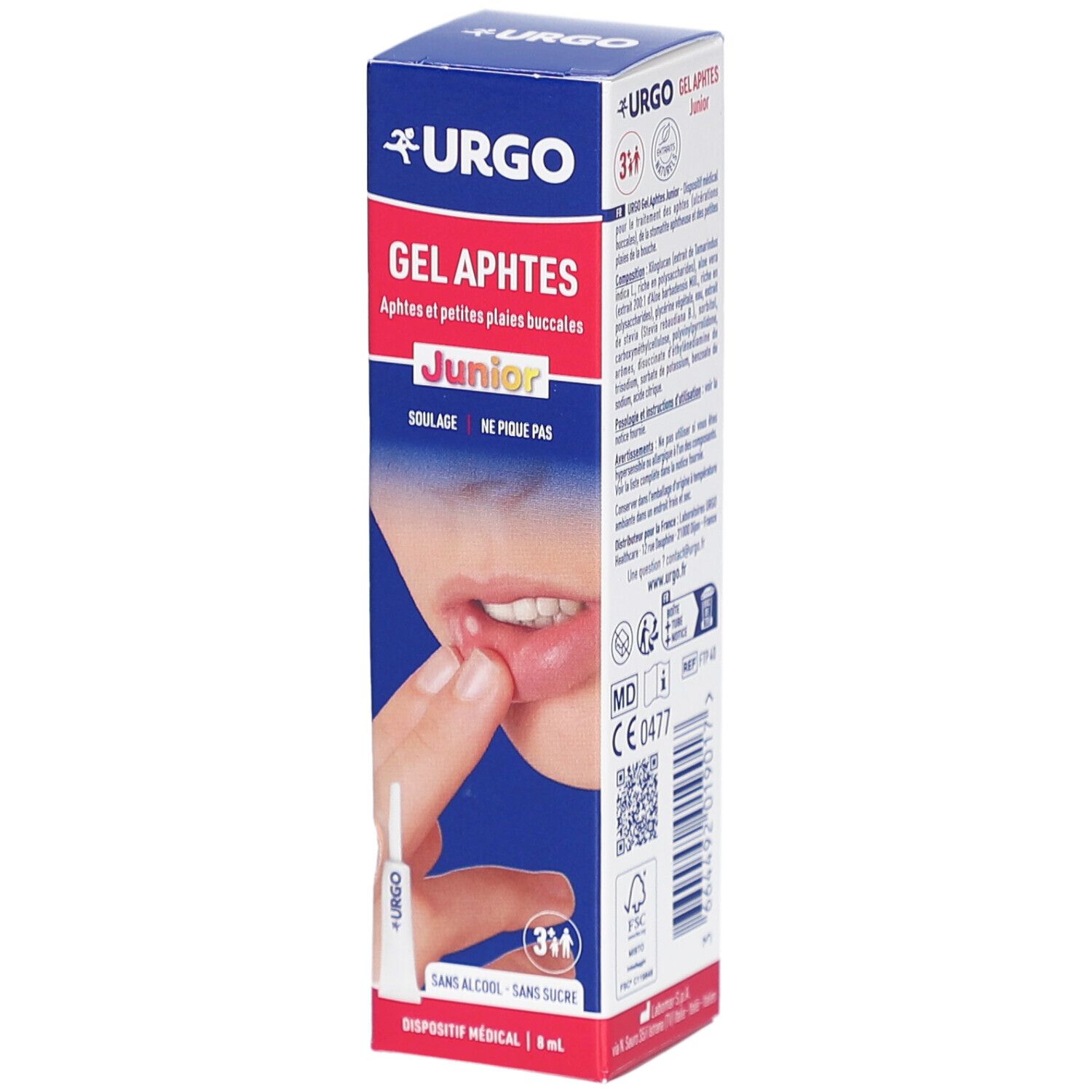 Boîte de Urgo Junior Gel Aphtes. Inscriptions : Gel Aphtes, Junior, 3+, Soulae, Ne pique pas. Une tube est visible.