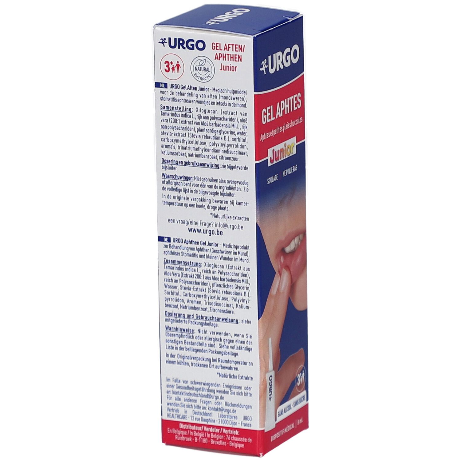 Vue latérale de la boîte Urgo Junior Gel Aphtes. Texte : Gel Aphtes, Junior, 3+. Informations sur l'utilisation et les ingrédients.