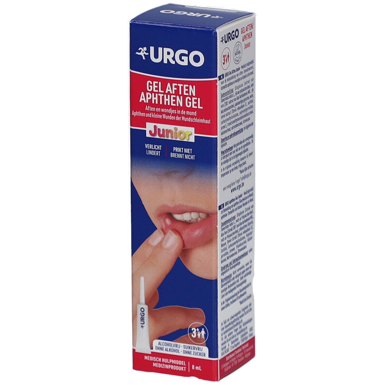 Boîte de Urgo Gel Aphthen Gel Junior. Texte : Gel Aphthen Gel, Junior, 3+. Une personne touche la lèvre.