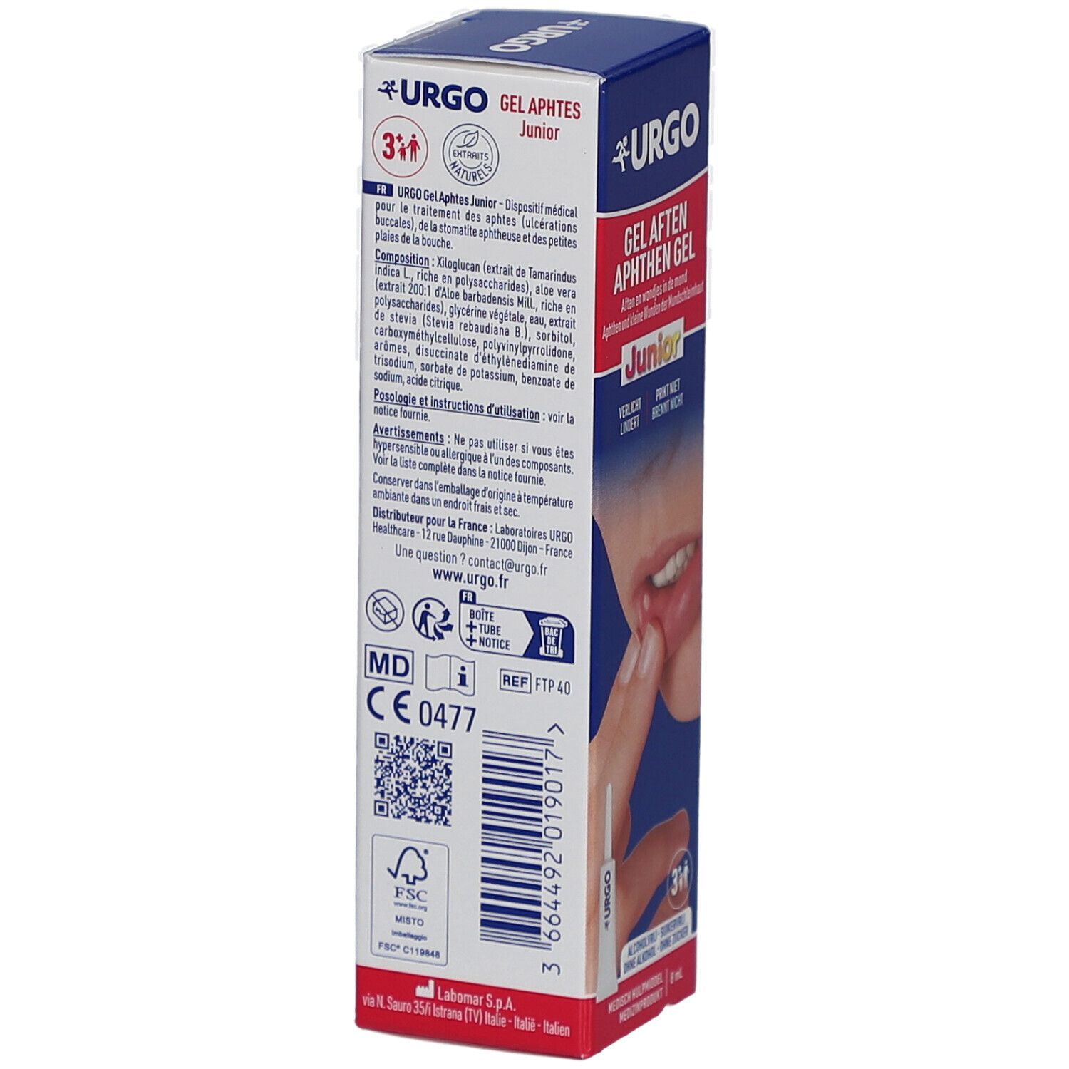 Dos de la boîte Urgo Gel Aphtes Junior. Texte : Gel Aphtes, Junior, 3+. Informations sur les ingrédients et l'utilisation.