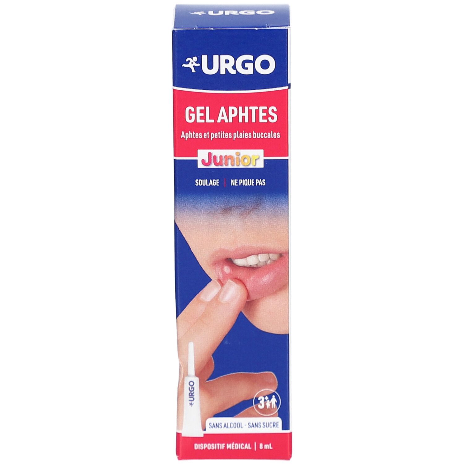 Boîte de Urgo Gel Aphtes Junior. Texte : Gel Aphtes, Junior, 3+, Soulae, Ne pique pas. Une tube est visible.