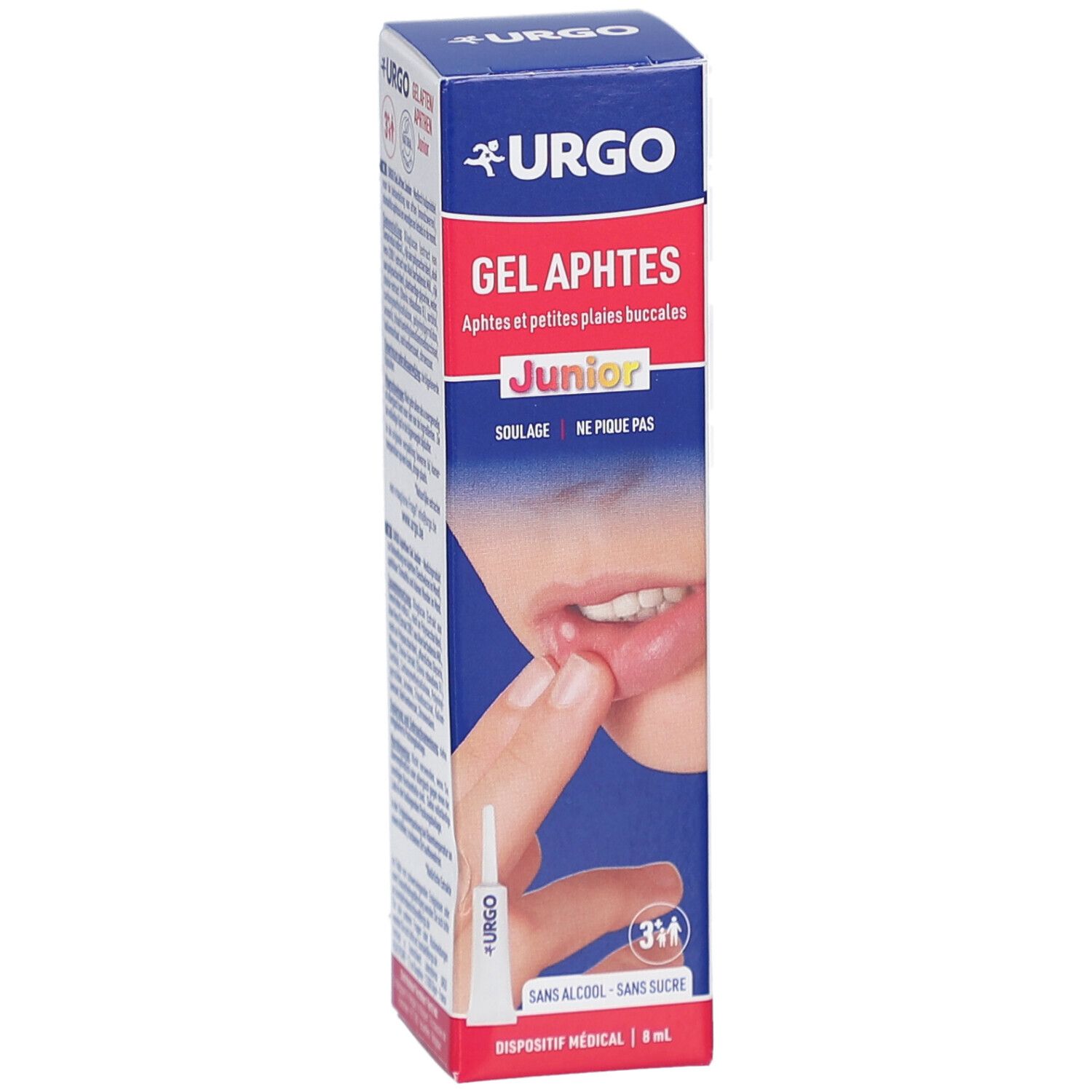 Boîte de Urgo Gel Aphtes Junior. Texte : Gel Aphtes, Junior, 3+. Une personne touche la lèvre avec un tube.