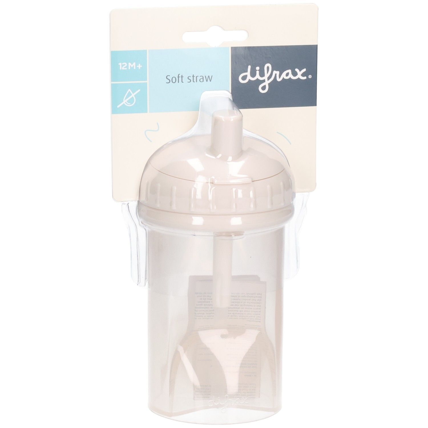 Beker met rietje, beige. Verpakt in blister. Merk Difrax. Opschrift: 12M+, Soft straw.