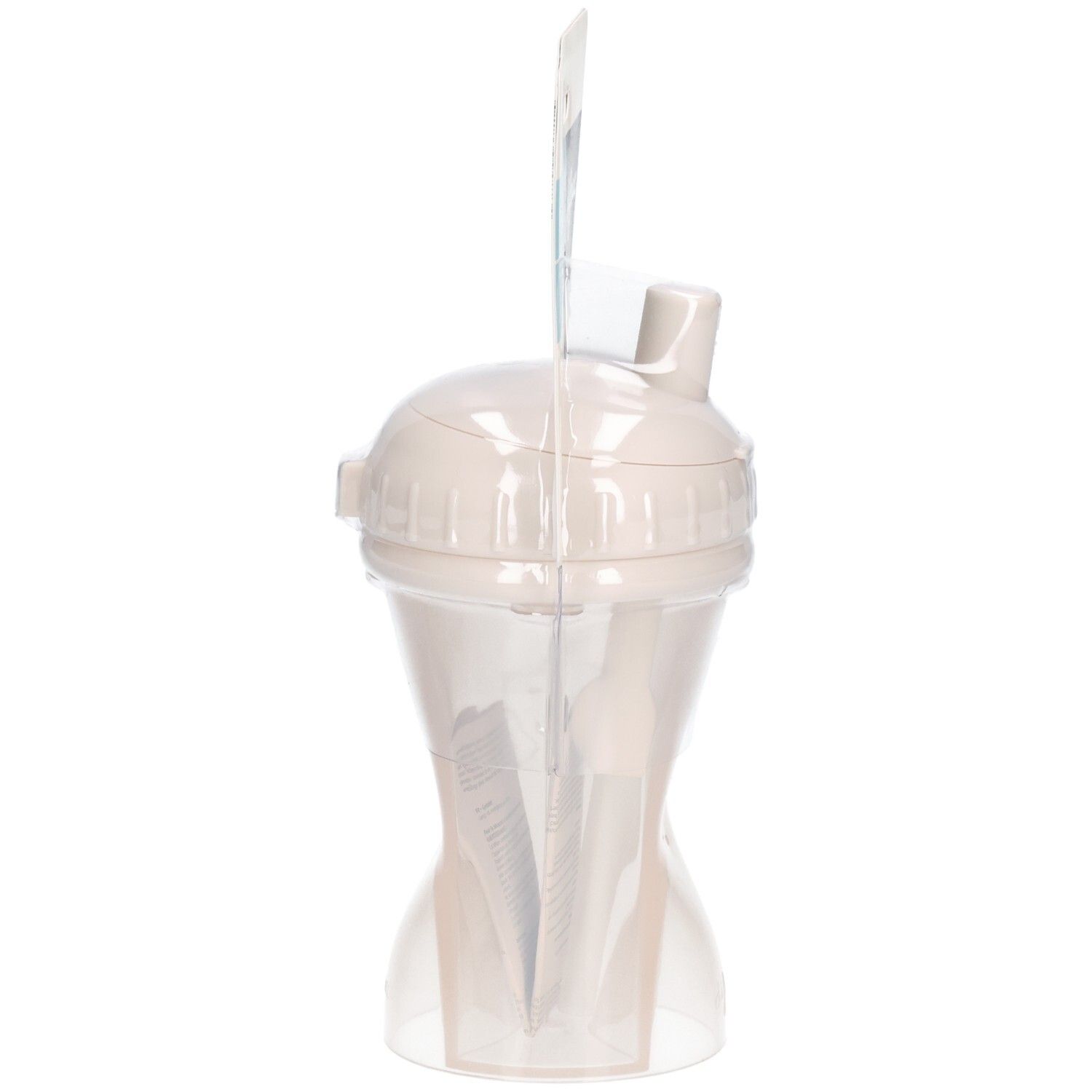 Beker met rietje, beige. Zijaanzicht in blister. Merk Difrax.