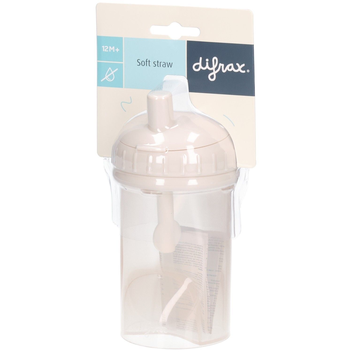 Beker met rietje, beige. Verpakt in blister. Merk Difrax. Opschrift: 12M+, Soft straw.