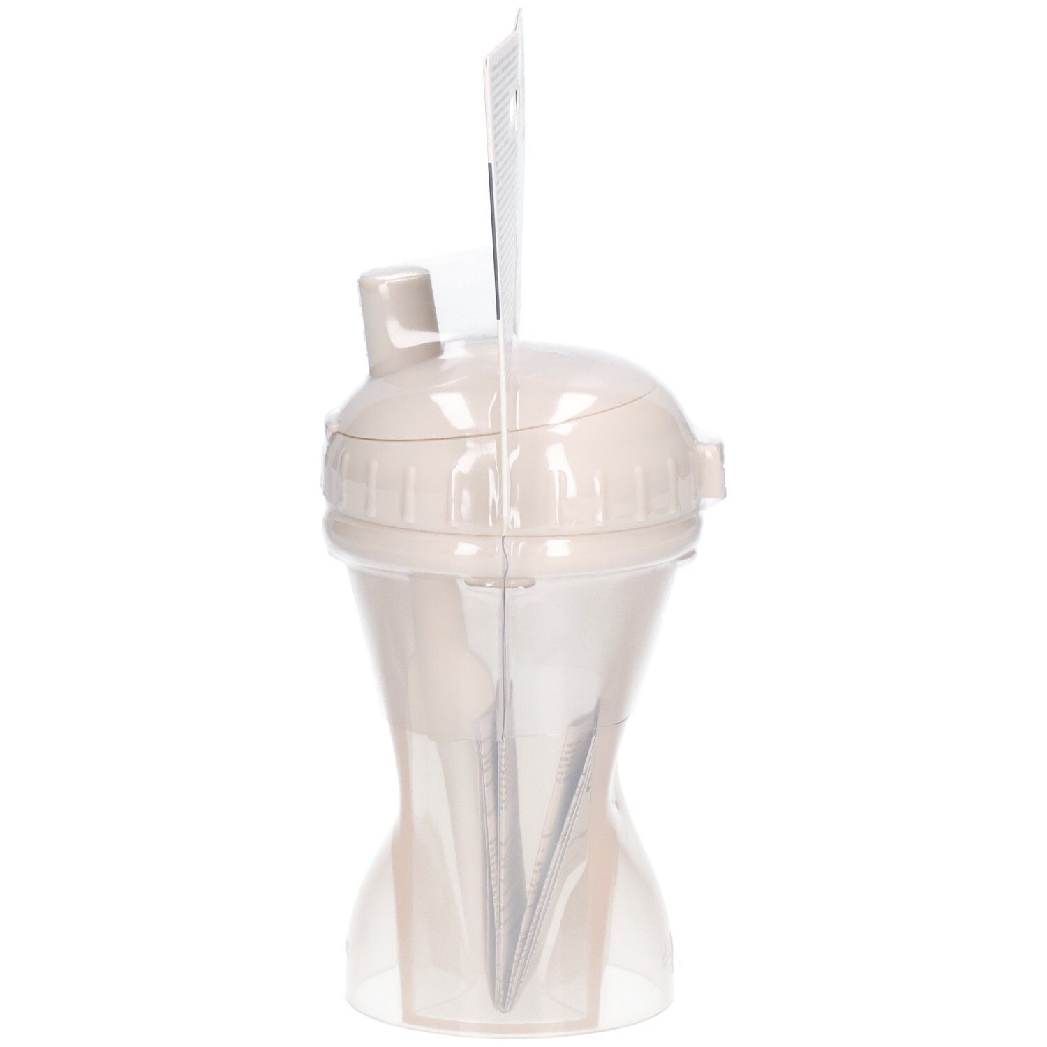 Beker met rietje, beige. Zijaanzicht in blister. Merk Difrax.