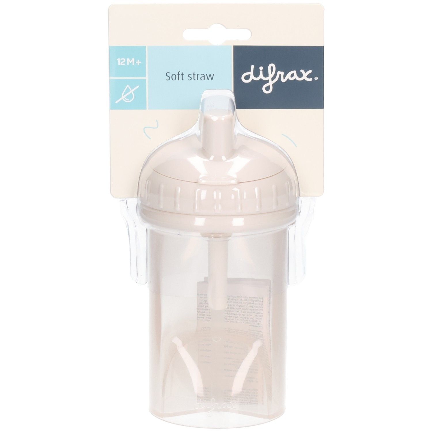 Beker met rietje, beige. Verpakt in blister. Merk Difrax. Opschrift: 12M+, Soft straw.