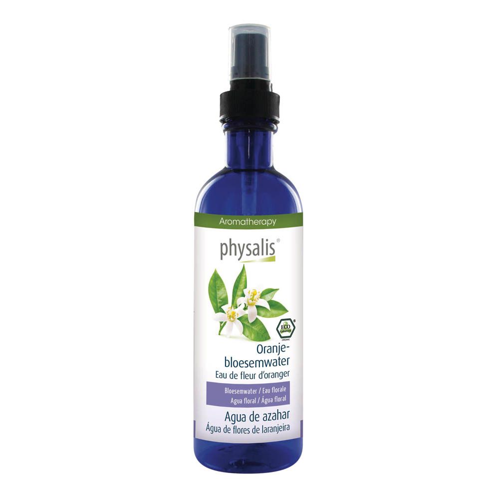Blauwe fles met verstuiver. Opschrift: physalis, Oranjebloesemwater. Met bio-label.