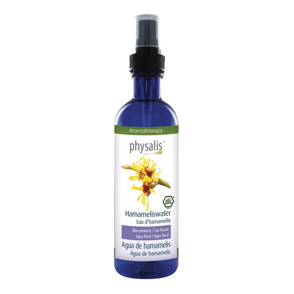 Blauwe glazen fles met verstuiver. Opschrift: physalis, Hamameliswater, Eau d'hamamélis. Met bloemenafbeelding en bio-label.