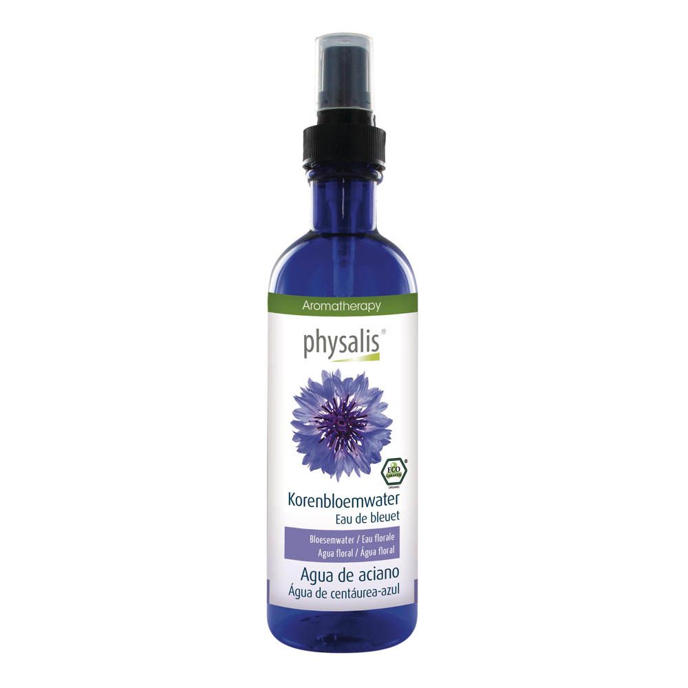 Flacon pulvérisateur bleu-violet avec tête noire. Inscription : physalis, Eau de bleuet. Illustration de bleuet.