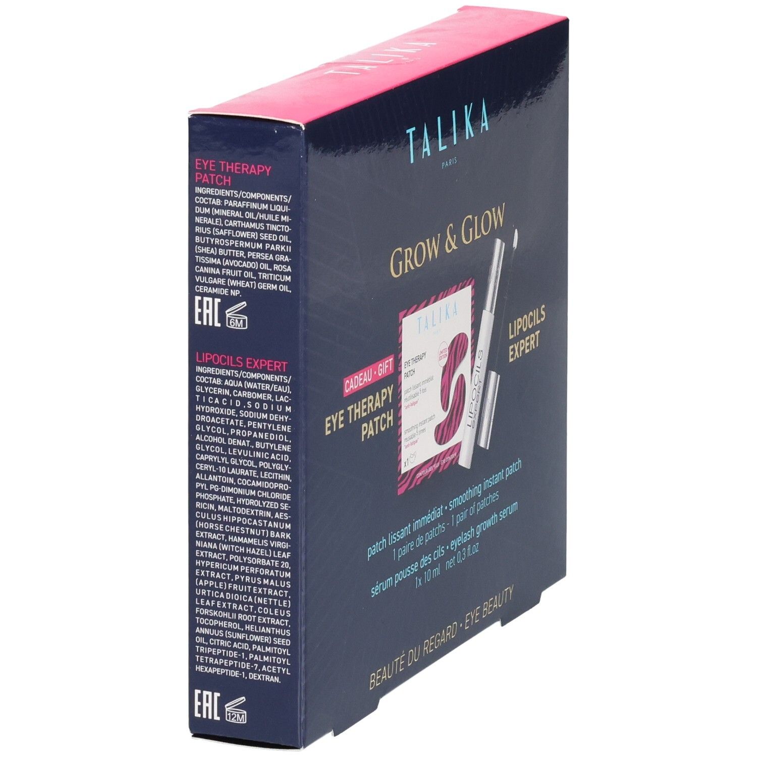 Vue latérale du coffret cadeau Talika. Contient Eye Therapy Patch et Lipocils Expert. Inscription: Grow & Glow.