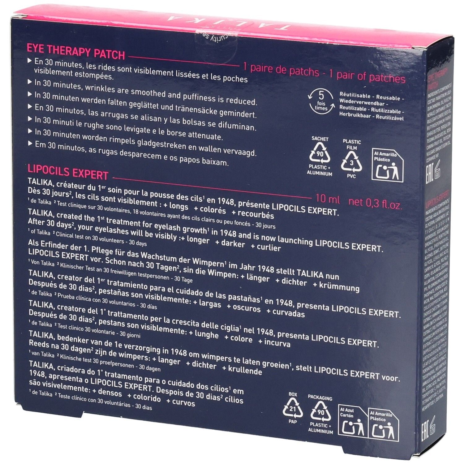 Dos du coffret cadeau Talika. Texte sur Eye Therapy Patch et Lipocils Expert. Contient des informations d'utilisation.