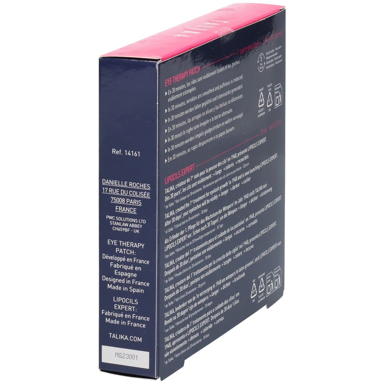 Vue latérale du coffret cadeau Talika. Contient des informations sur le fabricant et les ingrédients.