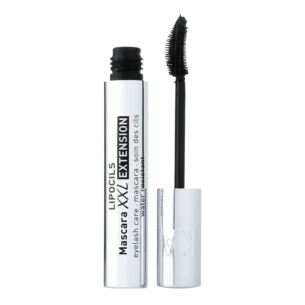 Zilveren mascara applicator met zilveren dop. Flesje met opschrift 'eyelash care - mascara - water resistant'.