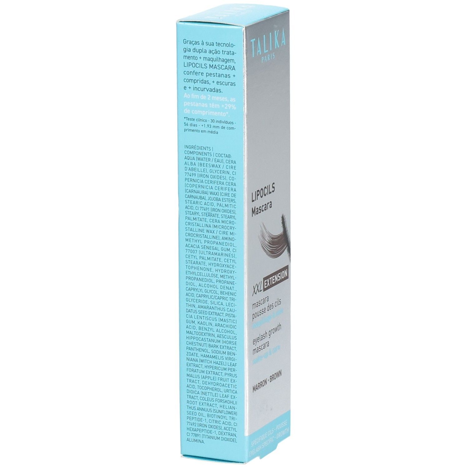 Dos de l'emballage Talika Lipocils Mascara XXL Extension Brown. Ingrédients et description du produit en plusieurs langues.