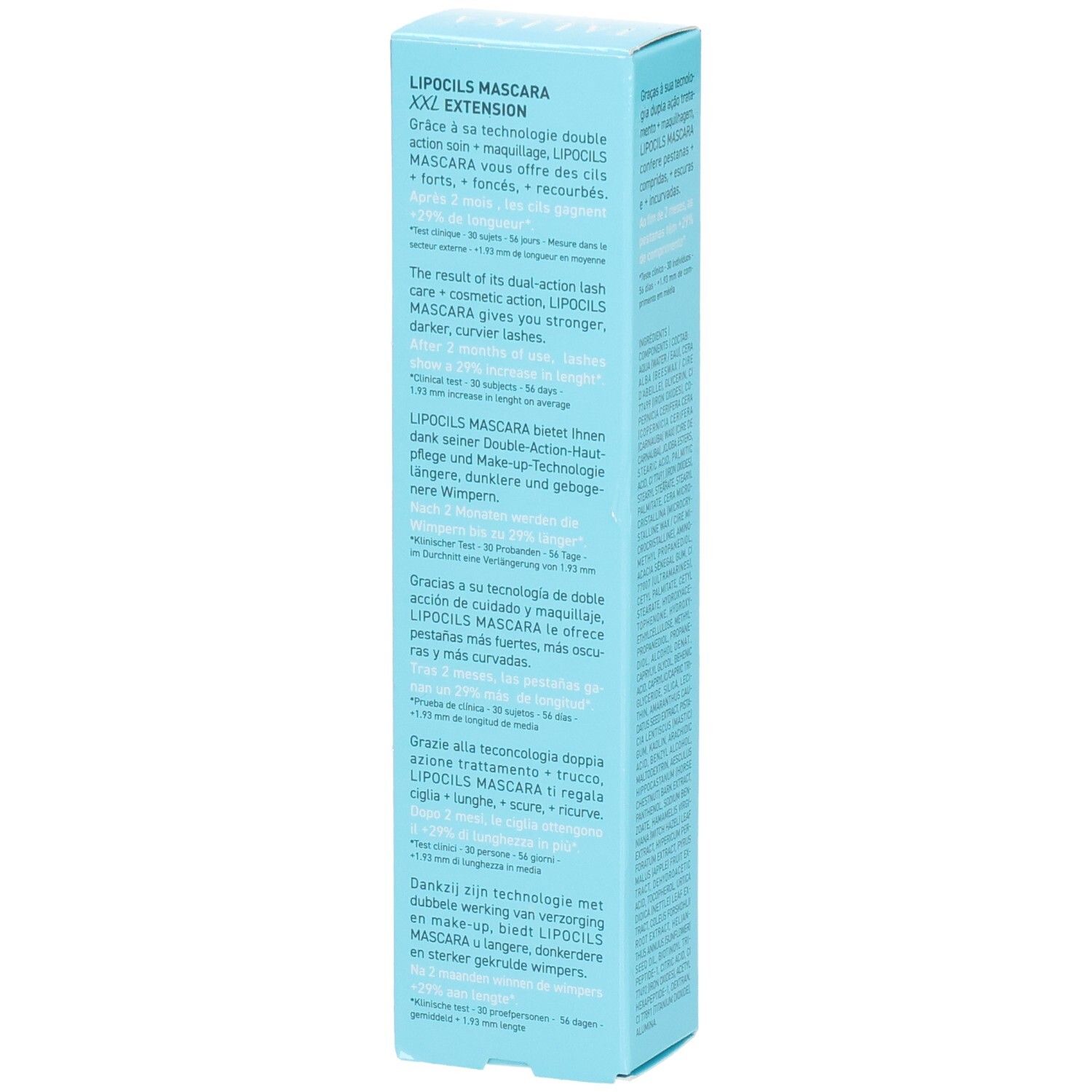 Emballage Talika Lipocils Mascara XXL Extension Brown. Description multilingue du produit. Fond bleu clair.