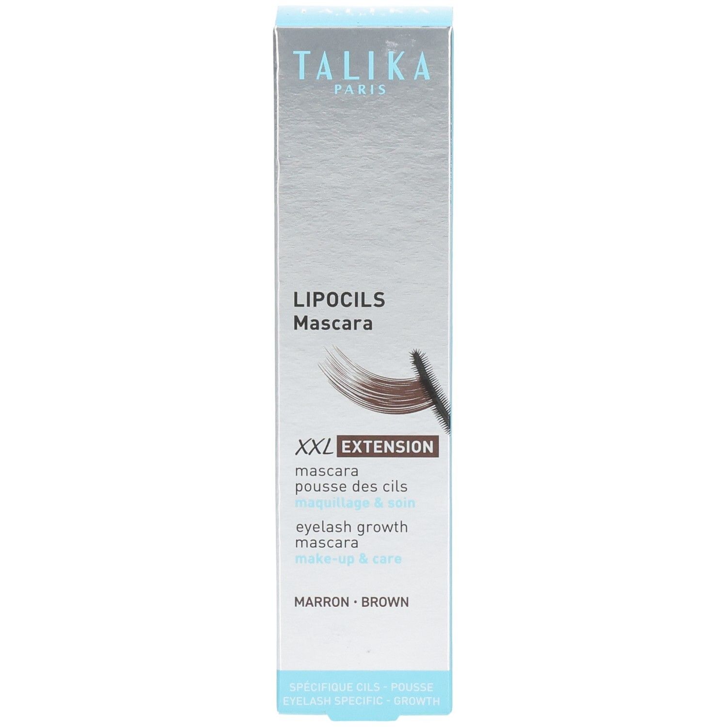 Face avant de l'emballage Talika Lipocils Mascara XXL Extension Brown. Nom du produit, description et couleur.