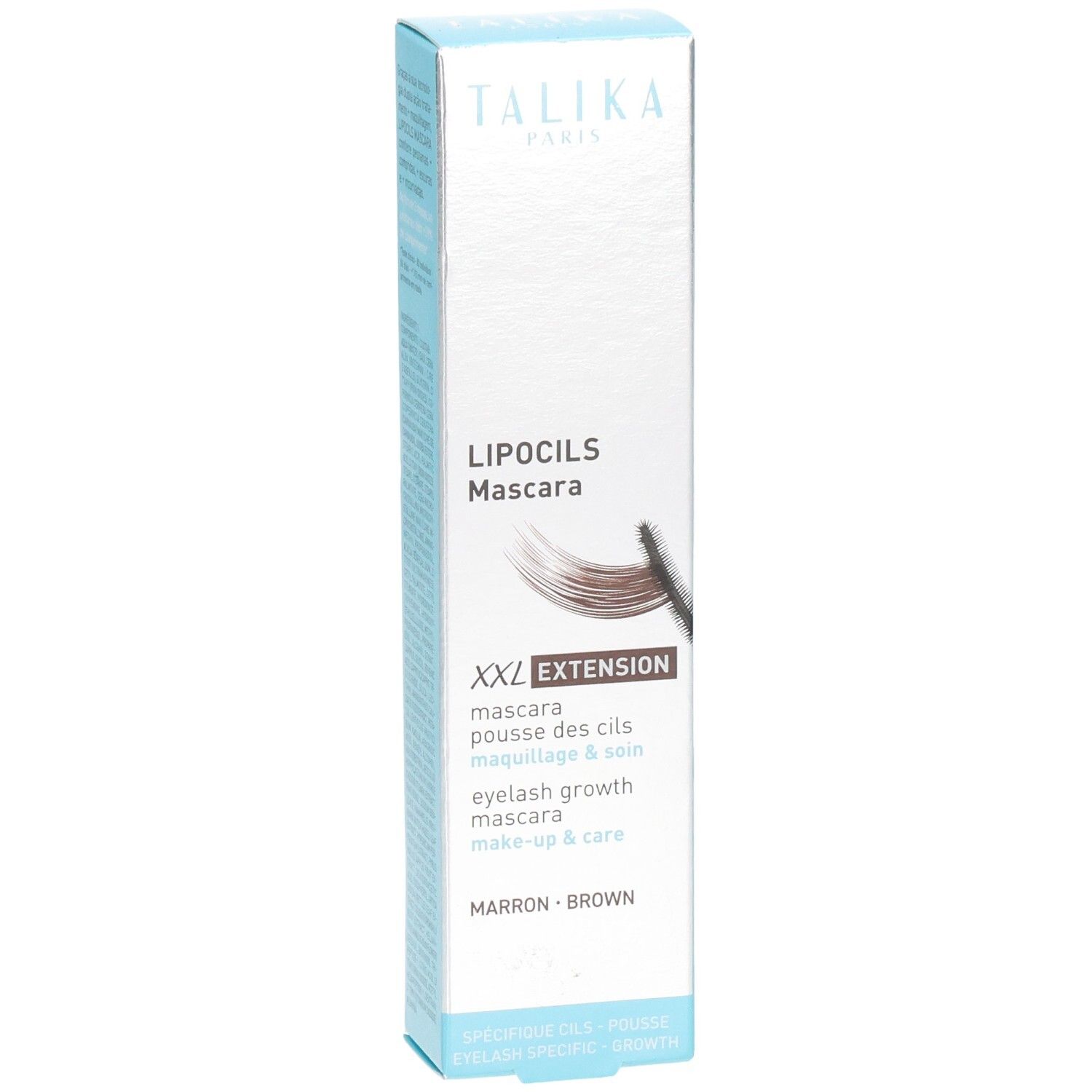 Face avant de l'emballage Talika Lipocils Mascara XXL Extension Brown. Nom du produit, description et couleur.