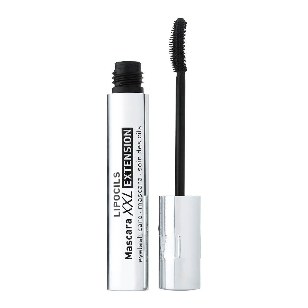 Tube de mascara argenté avec applicateur argenté, inscription "LIPOCILS XXL EXTENSION".