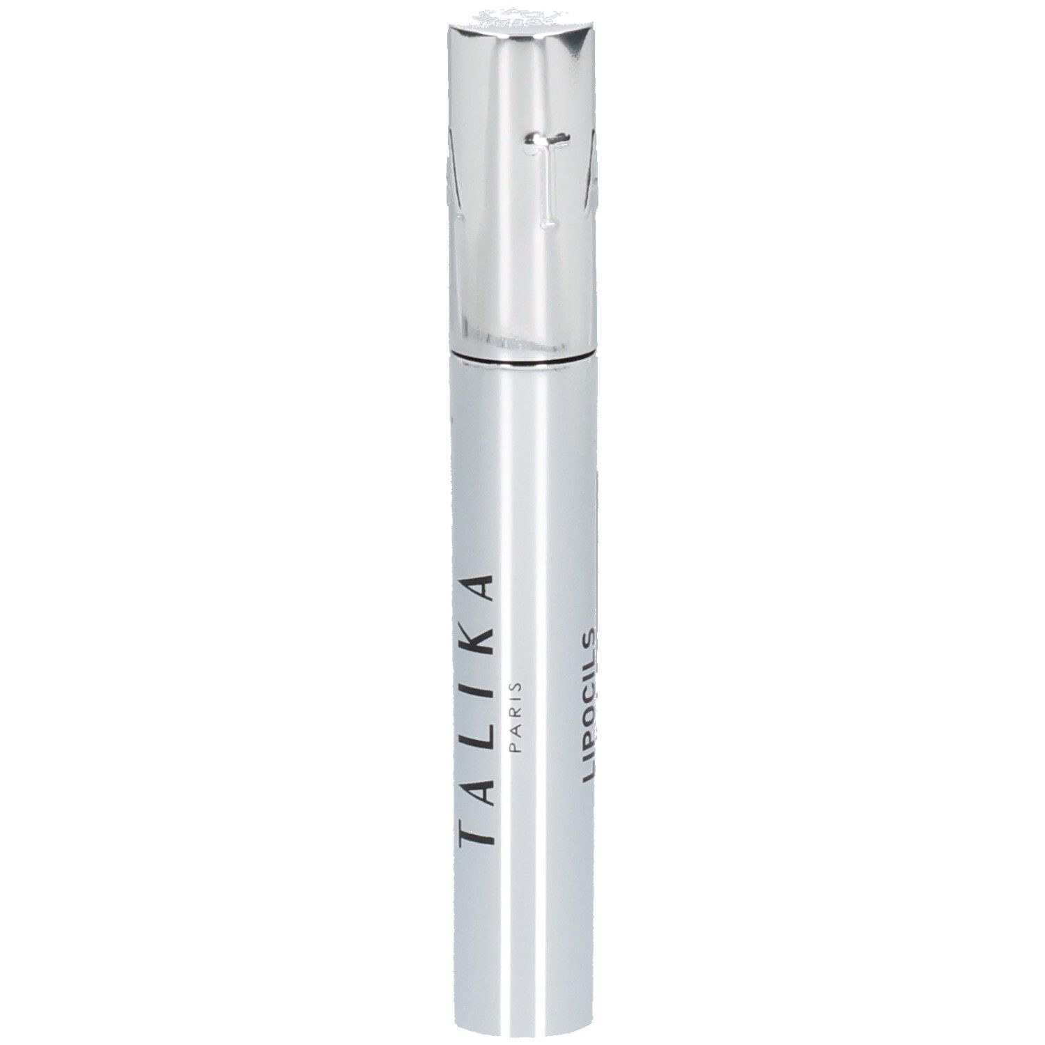Tube de mascara argenté avec bouchon argenté. Inscriptions: TALIKA PARIS et LIPOCILS.