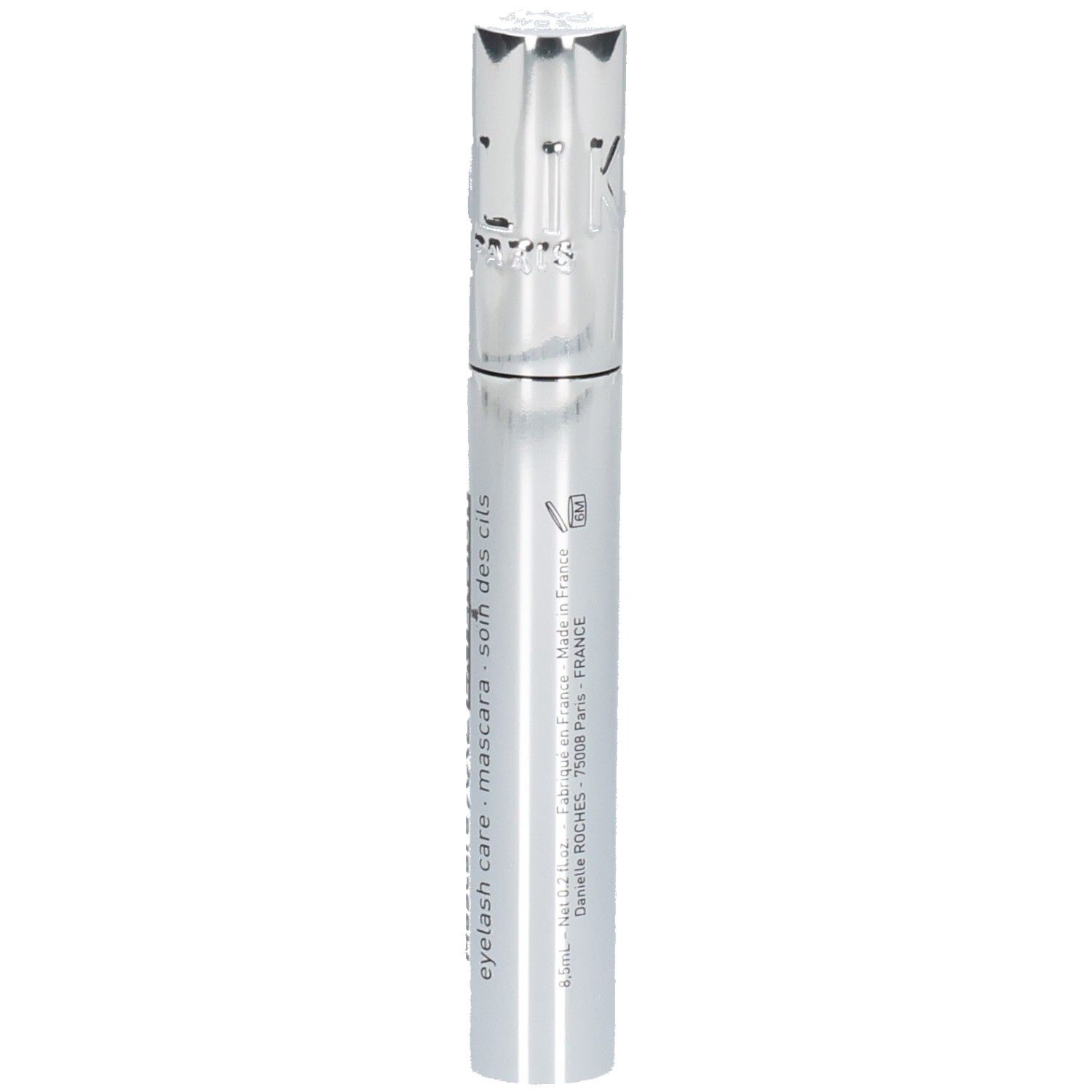 Tube de mascara argenté avec bouchon argenté. Inscriptions: TALIKA PARIS, eyelash care - soin des cils.
