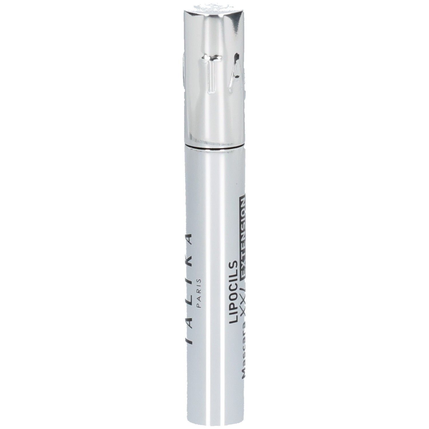 Tube de mascara argenté avec bouchon argenté. Inscriptions: TALIKA PARIS, LIPOCILS XXL EXTENSION.