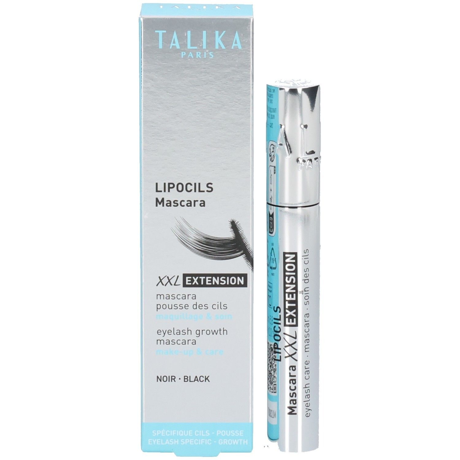 Tube de mascara et emballage. Emballage: TALIKA PARIS, LIPOCILS Mascara, XXL EXTENSION, Noir Black.