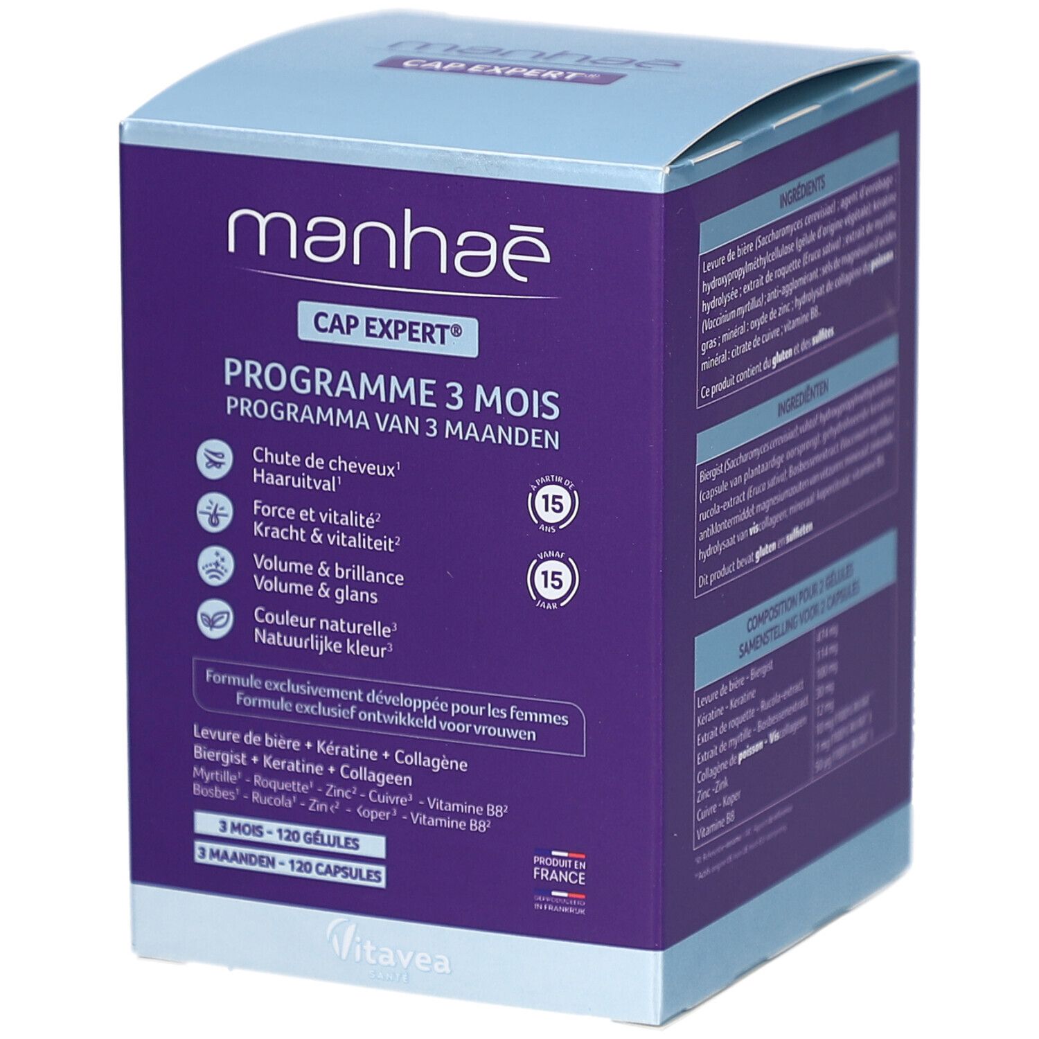 Boîte violette et blanche avec informations produit. Contient 120 gélules. Inscription: Manhae CapExpert, Programme 3 mois.