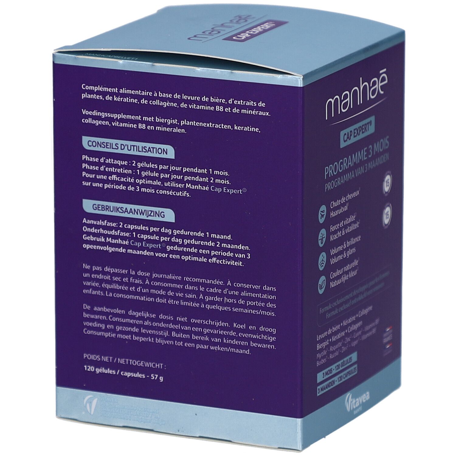 Dos de la boîte avec informations produit. Contient instructions et ingrédients. Inscription: Manhae CapExpert.