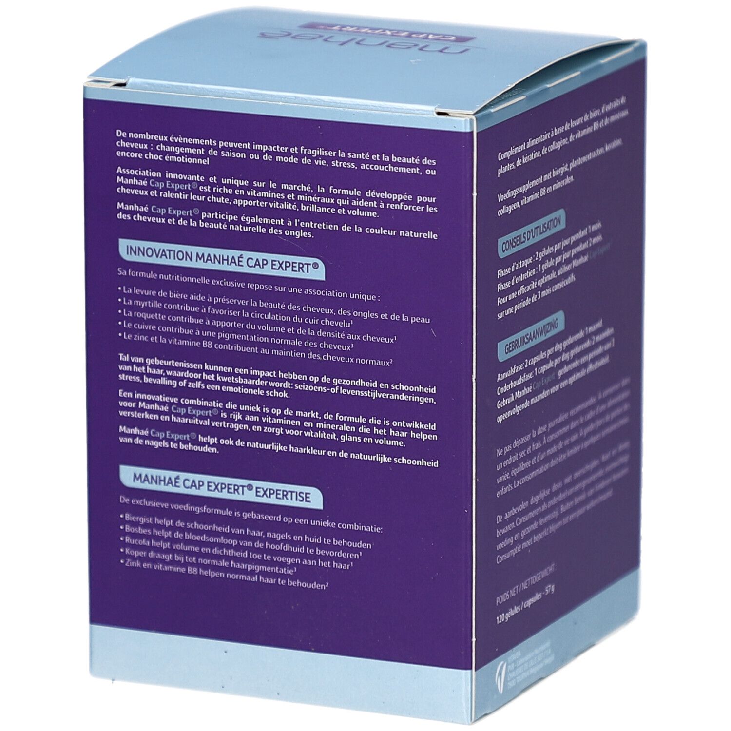 Côté de la boîte avec informations produit. Contient informations sur l'utilisation. Inscription: Manhae CapExpert.