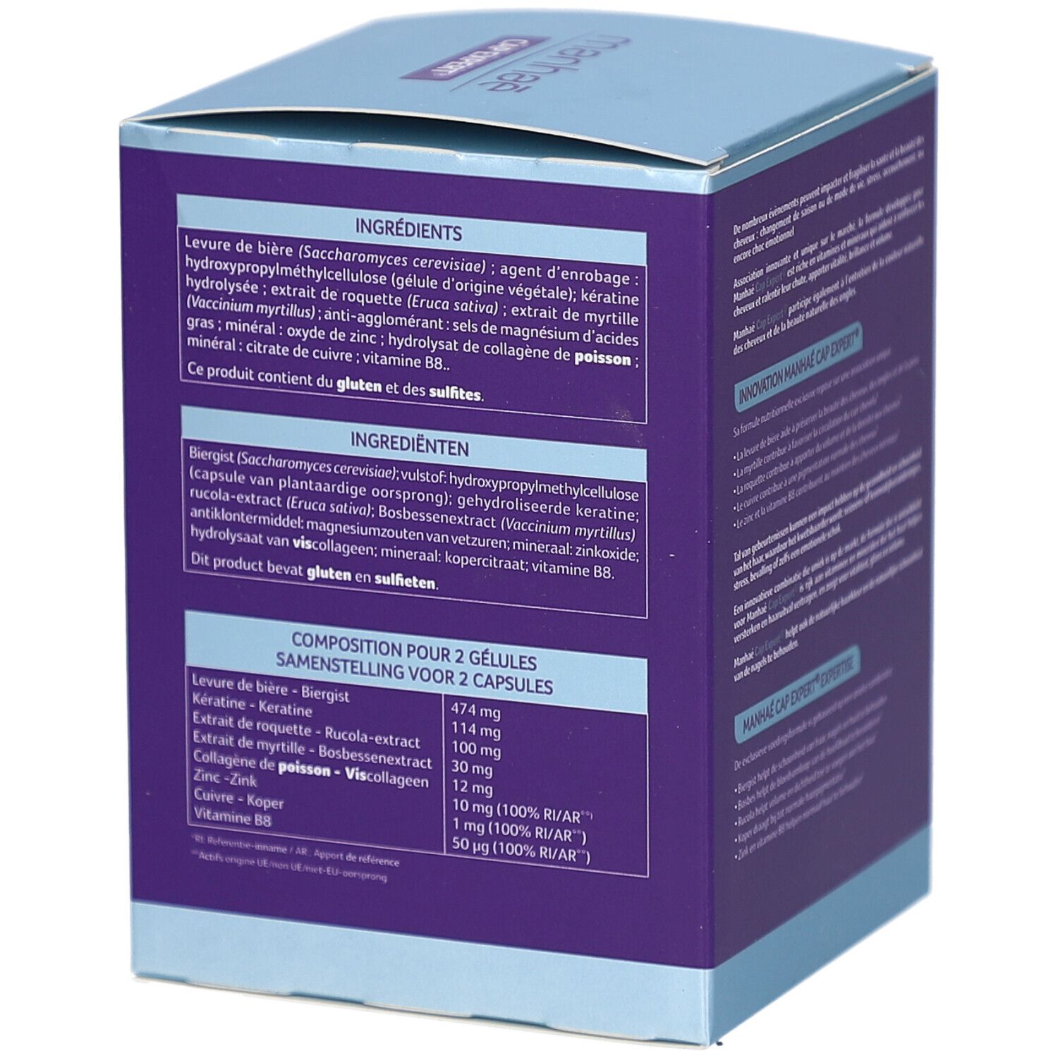 Côté de la boîte avec ingrédients. Contient informations sur la composition. Inscription: Manhae CapExpert.