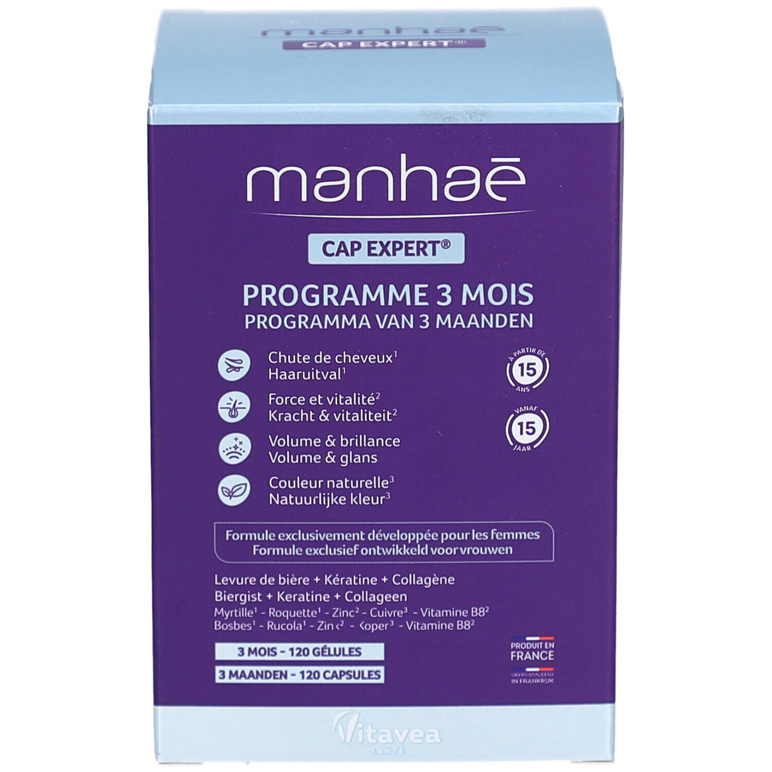 Face avant de la boîte avec informations produit. Inscription: Manhae CapExpert, Programme 3 mois, 120 gélules.