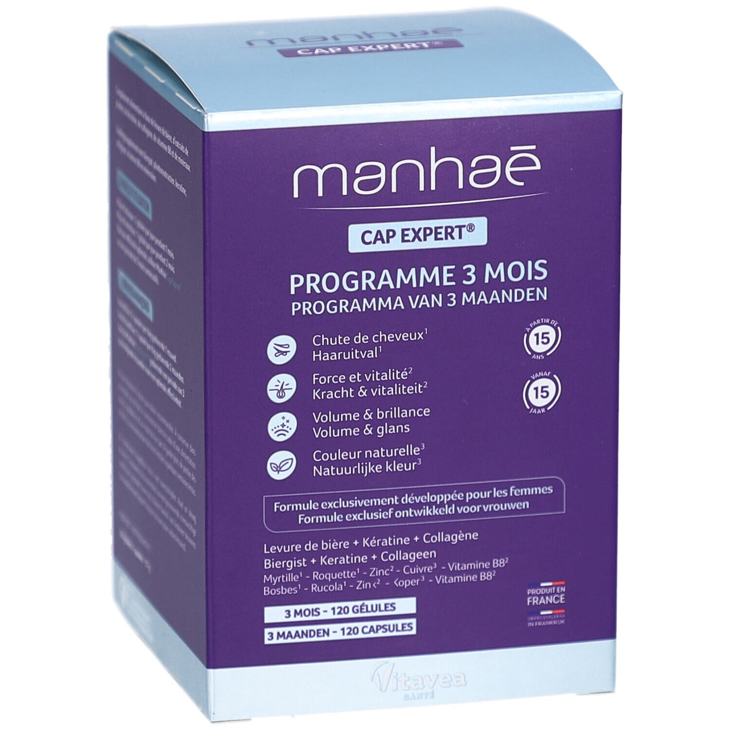 Face avant de la boîte avec informations produit. Inscription: Manhae CapExpert, Programme 3 mois, 120 gélules.