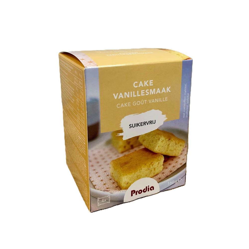 Verpakking met cake. Opschrift: Cake Vanillesmaak, Suikervrij. Merk: Prodia. Cake stukjes op een bord.